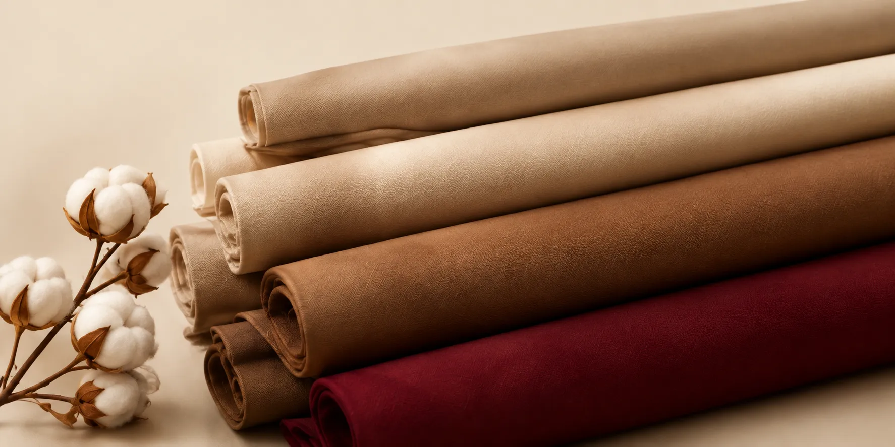 Stacked rolls of premium fabric with cotton bolls